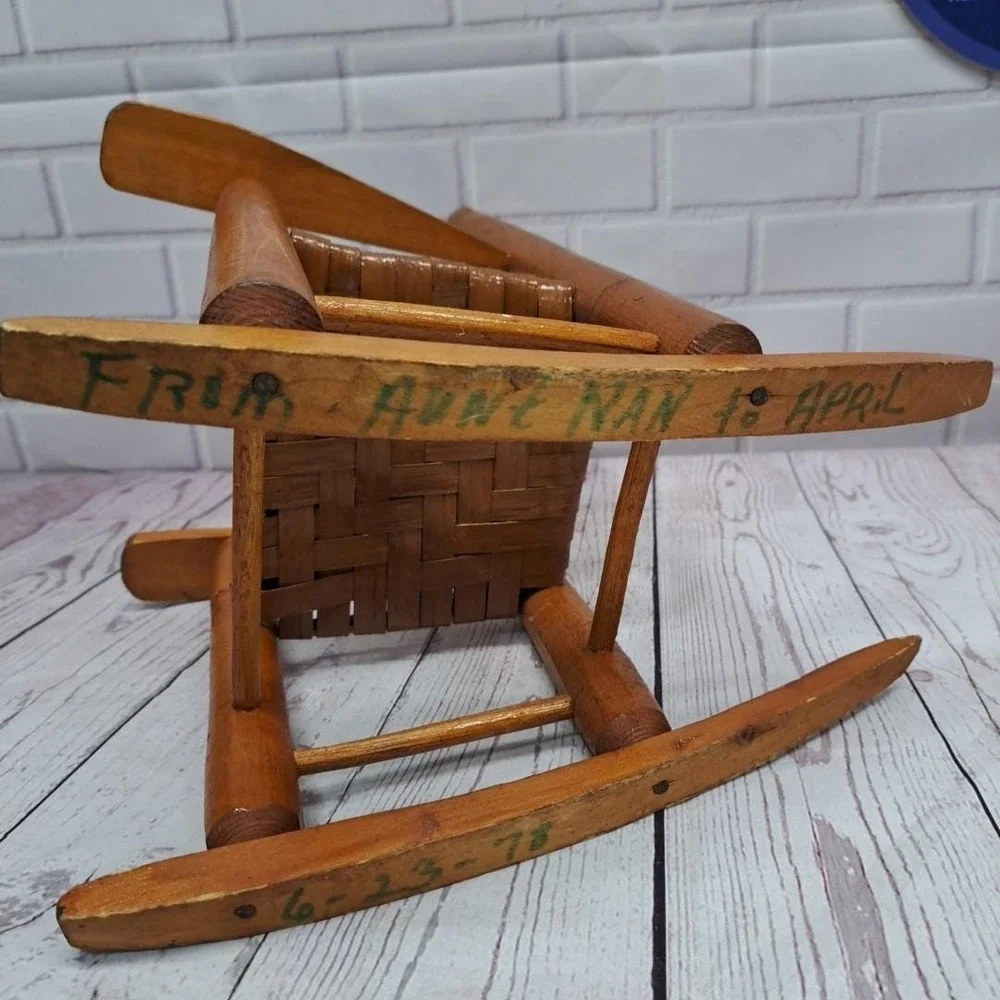Wooden Doll Rocking Chair  Woven Seat and Ladder Back Handmade Vintage 1978 13